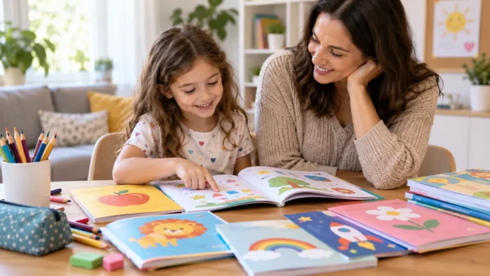 ילדה מתרגלת בחוברת הכנה לכיתה א׳ לצד אמה