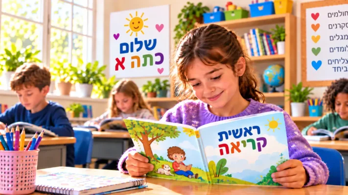 ילדה בכיתה א׳ קוראת ספר ראשית קריאה בכיתה